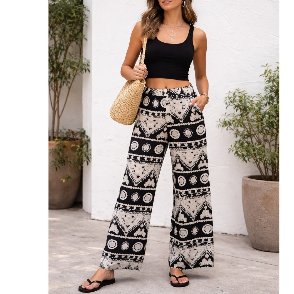 Lulus Wide Leg Pants Womens Small Black White Good Boho Geometric Floral Print
